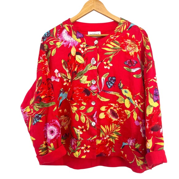 Peck & Peck Jackets & Blazers - NWT Peck & Peck Reversible 100% Linen Jacket Red Floral Tropical Size L Boxy